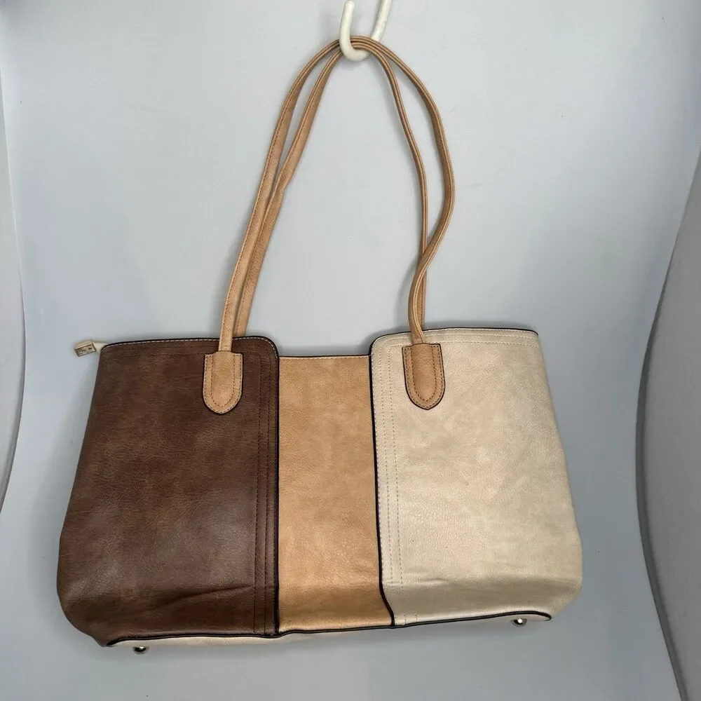 Montana West Tri-Color Cream Tan Brown Tote Vegan Leather Purse Zip Close Studde